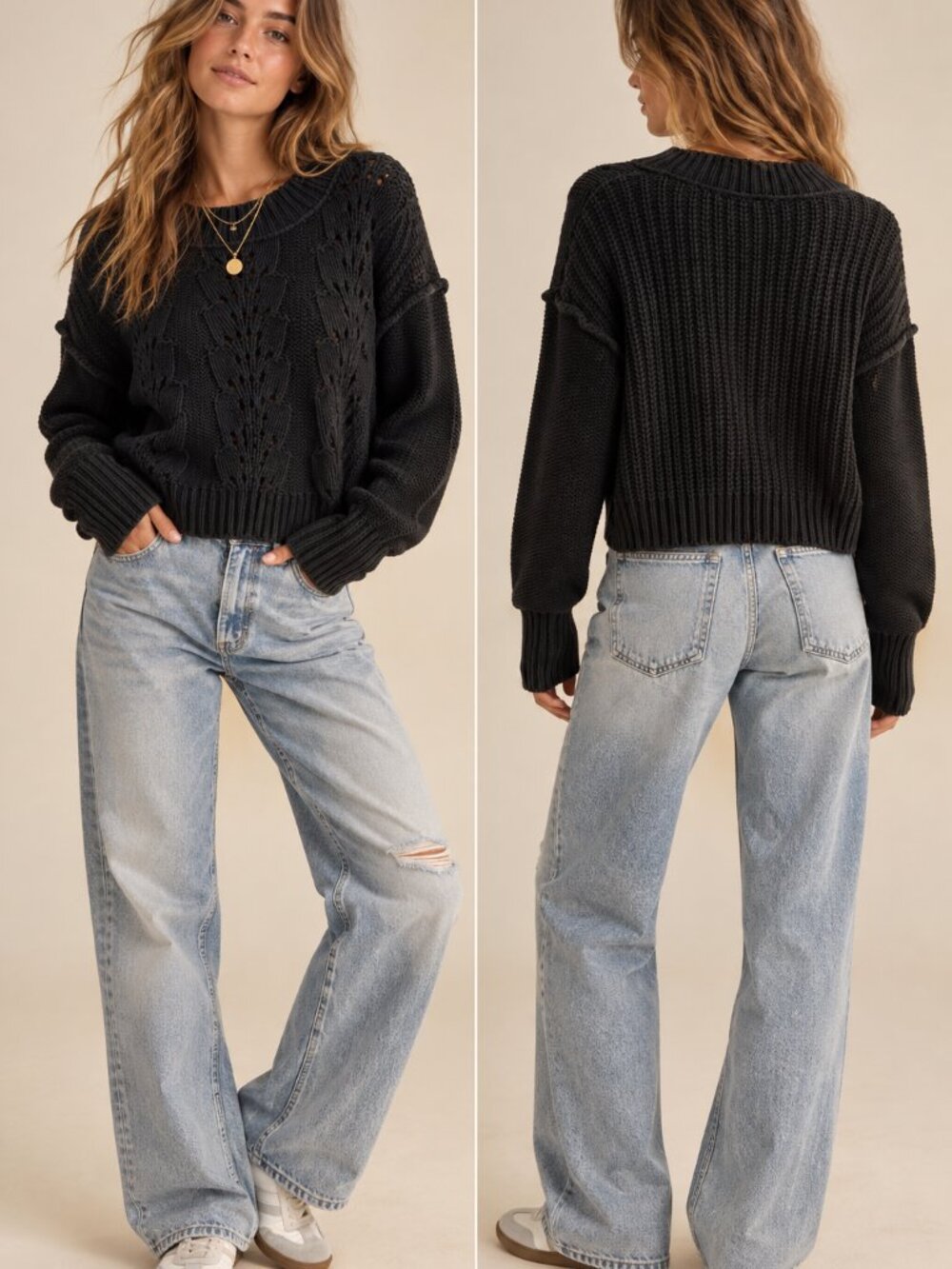Free People Pearldive Black Cable Knit Pointelle Mock Neck Sweater XS